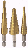 Drill Master (DM) 3 PC. TITANIUM NITRIDE COATED M2 HIGH SPEED STEEL STEP DRILLS 