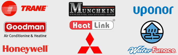 Goodman, Trane, WaterFurnace, Mitsubishi, Heat Link, Munchkin, Uponor, and Honeywell